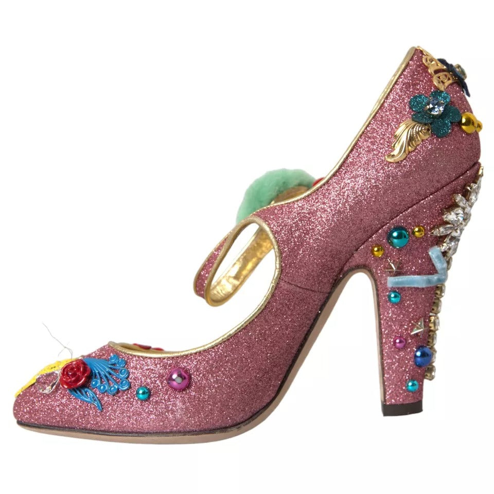 Dolce &amp; Gabbana Pink Embellished Fur Mary Jane Pumps Shoes