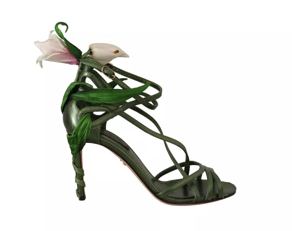 Dolce &amp; Gabbana Acid Green Leather Strappy Flower Heels Sandals Shoes