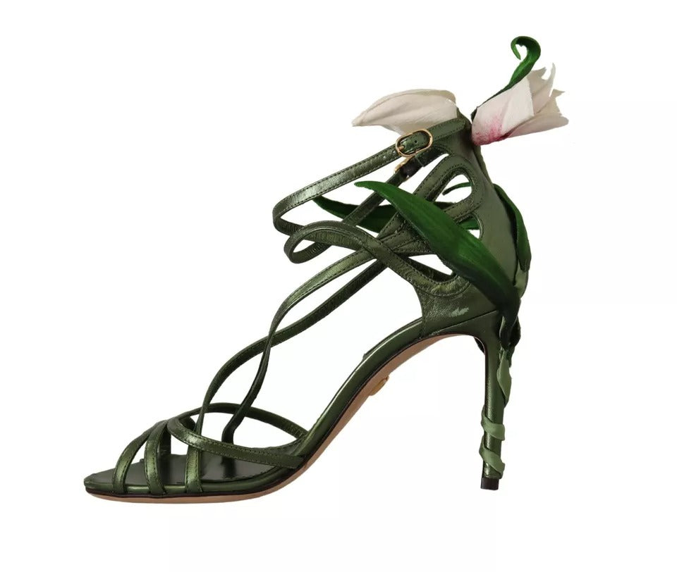 Dolce &amp; Gabbana Acid Green Leather Strappy Flower Heels Sandals Shoes