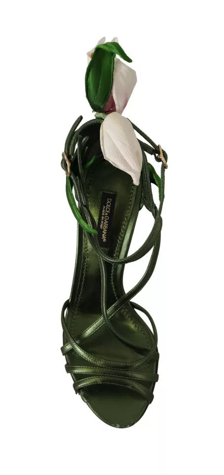 Dolce &amp; Gabbana Acid Green Leather Strappy Flower Heels Sandals Shoes