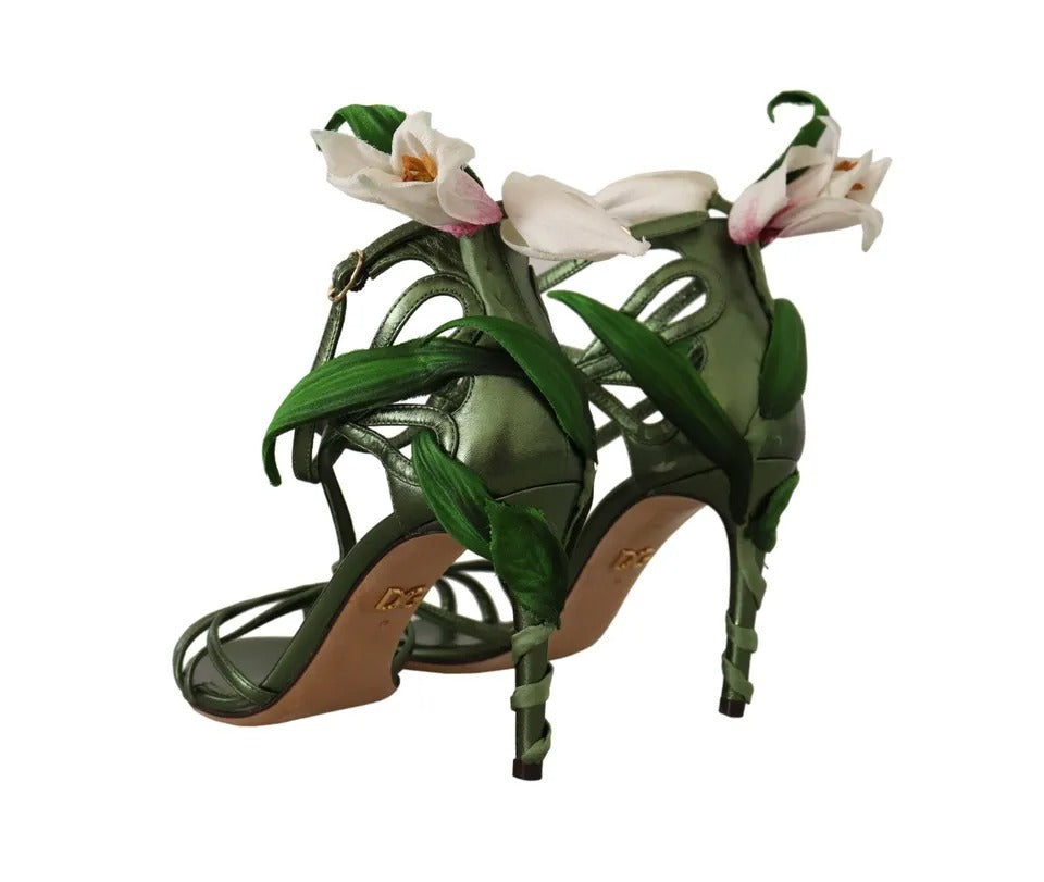 Dolce &amp; Gabbana Acid Green Leather Strappy Flower Heels Sandals Shoes