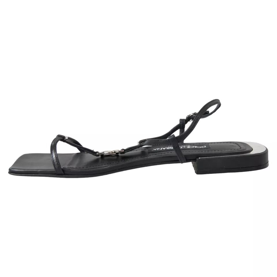 Dolce &amp; Gabbana Black Leather DG Logo Flats Sandals Shoes