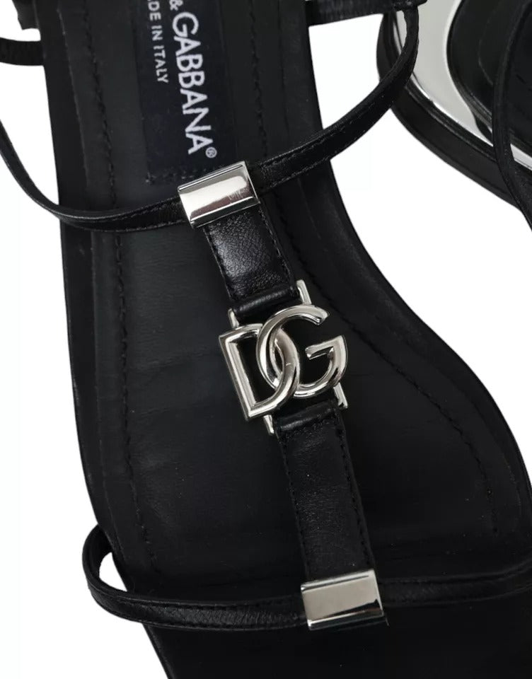 Dolce &amp; Gabbana Black Leather DG Logo Flats Sandals Shoes