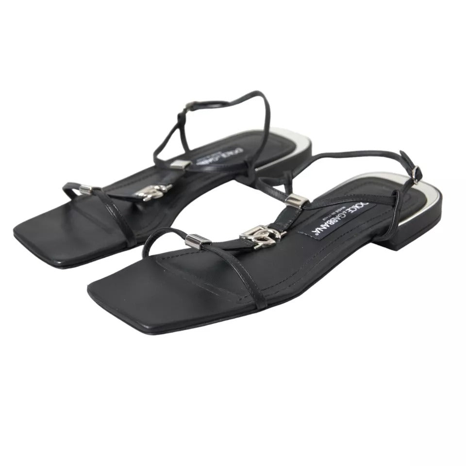 Dolce &amp; Gabbana Black Leather DG Logo Flats Sandals Shoes