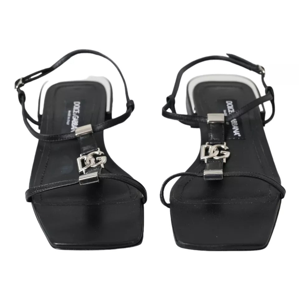 Dolce &amp; Gabbana Black Leather DG Logo Flats Sandals Shoes