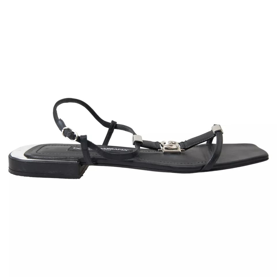 Dolce &amp; Gabbana Black Leather DG Logo Flats Sandals Shoes