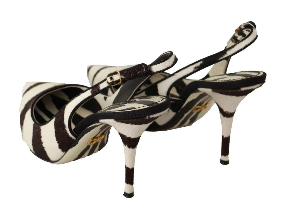 Dolce &amp; Gabbana Black White Zebra Leather Heels Slingback Shoes