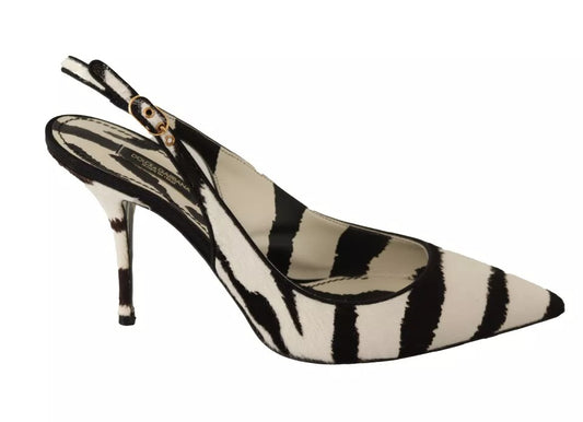 Dolce &amp; Gabbana Black White Zebra Leather Heels Slingback Shoes