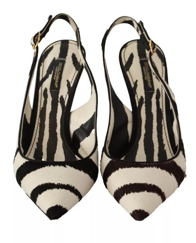 Dolce &amp; Gabbana Black White Zebra Leather Heels Slingback Shoes