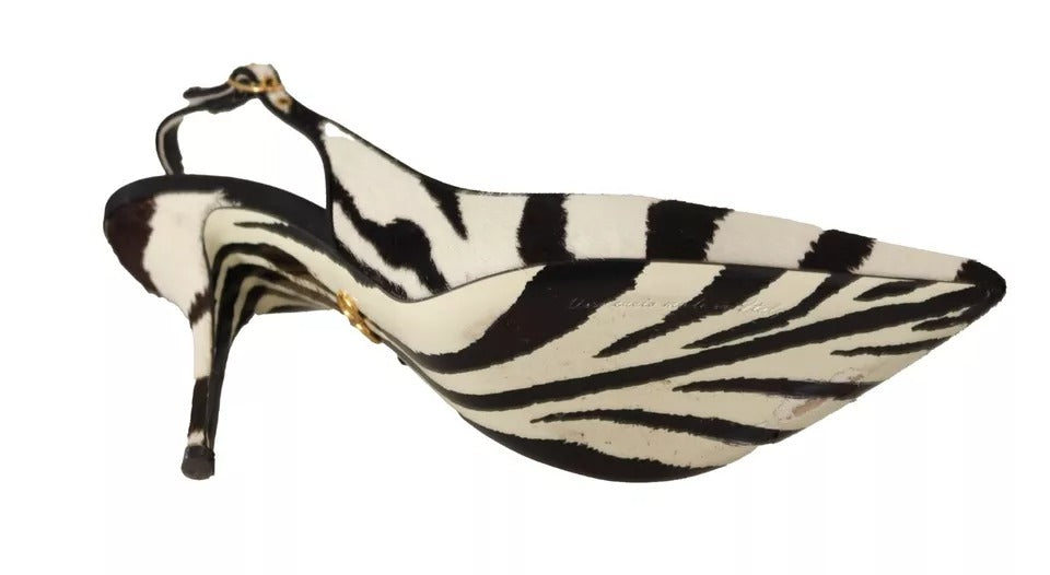 Dolce &amp; Gabbana Black White Zebra Leather Heels Slingback Shoes