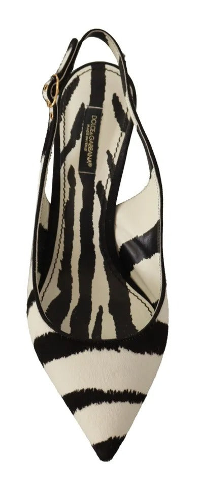 Dolce &amp; Gabbana Black White Zebra Leather Heels Slingback Shoes