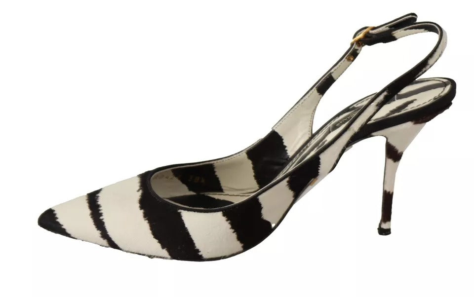 Dolce &amp; Gabbana Black White Zebra Leather Heels Slingback Shoes