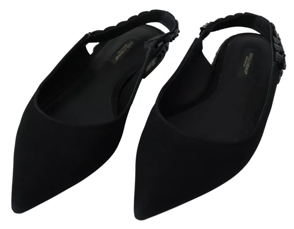 Dolce &amp; Gabbana Black Flats Crystal Slingback Charmeuse Shoes