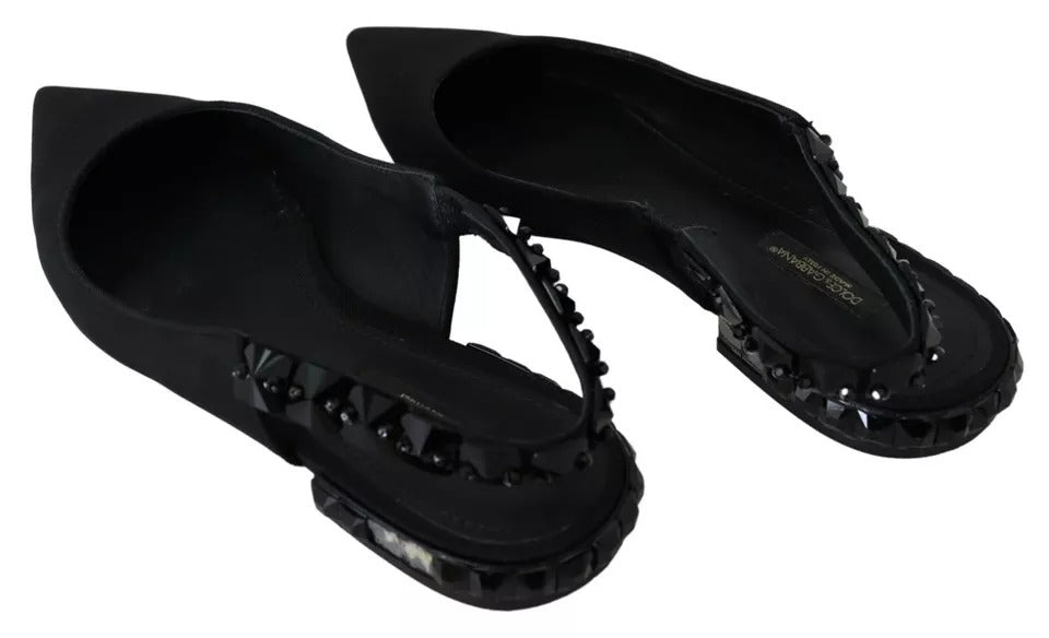 Dolce &amp; Gabbana Black Flats Crystal Slingback Charmeuse Shoes