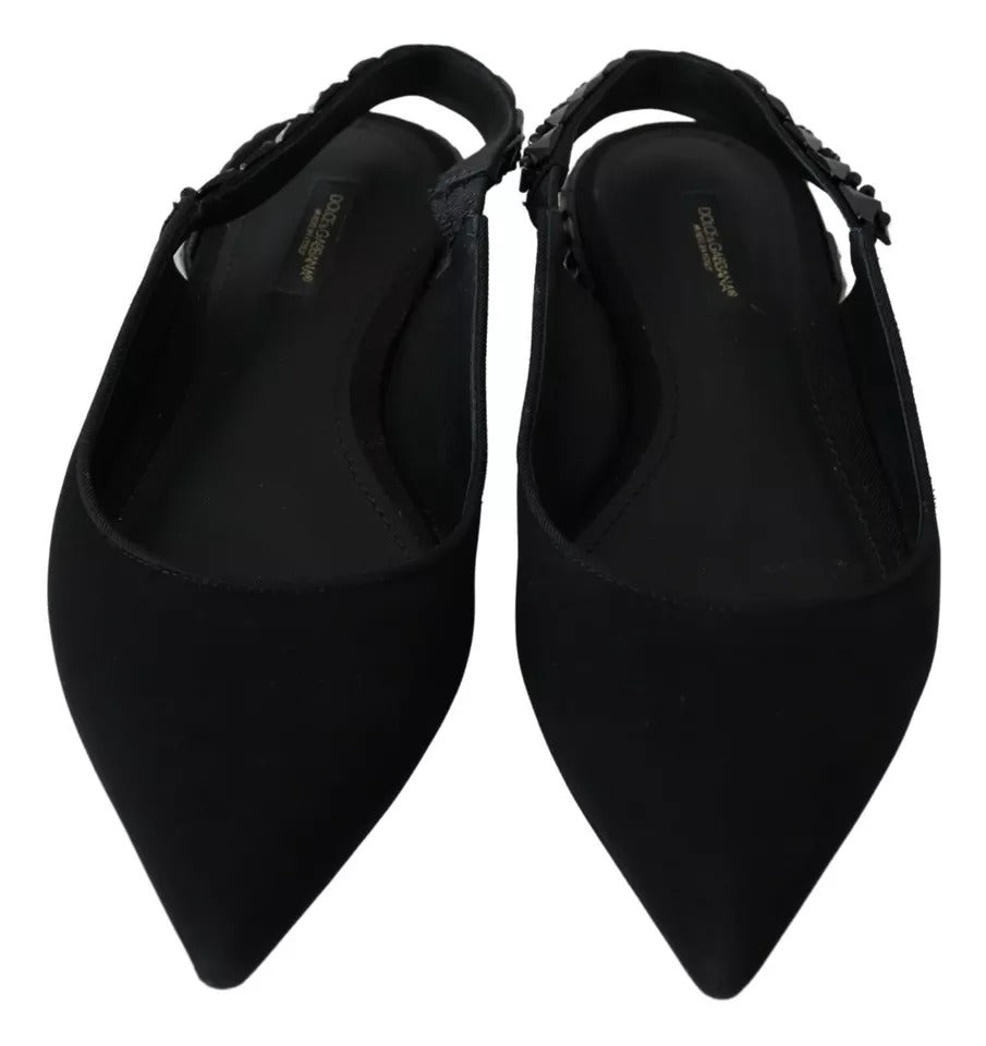 Dolce &amp; Gabbana Black Flats Crystal Slingback Charmeuse Shoes