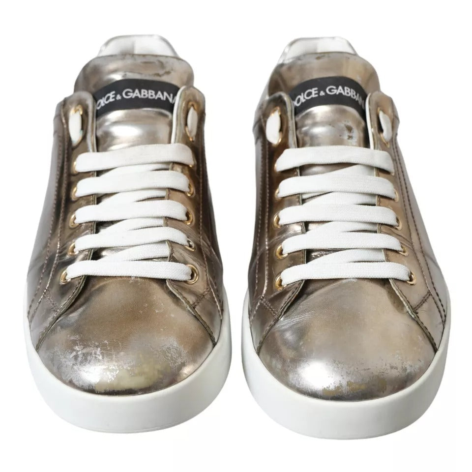 Dolce &amp; Gabbana Bronze Leather Logo Sneaker Portofino Shoes