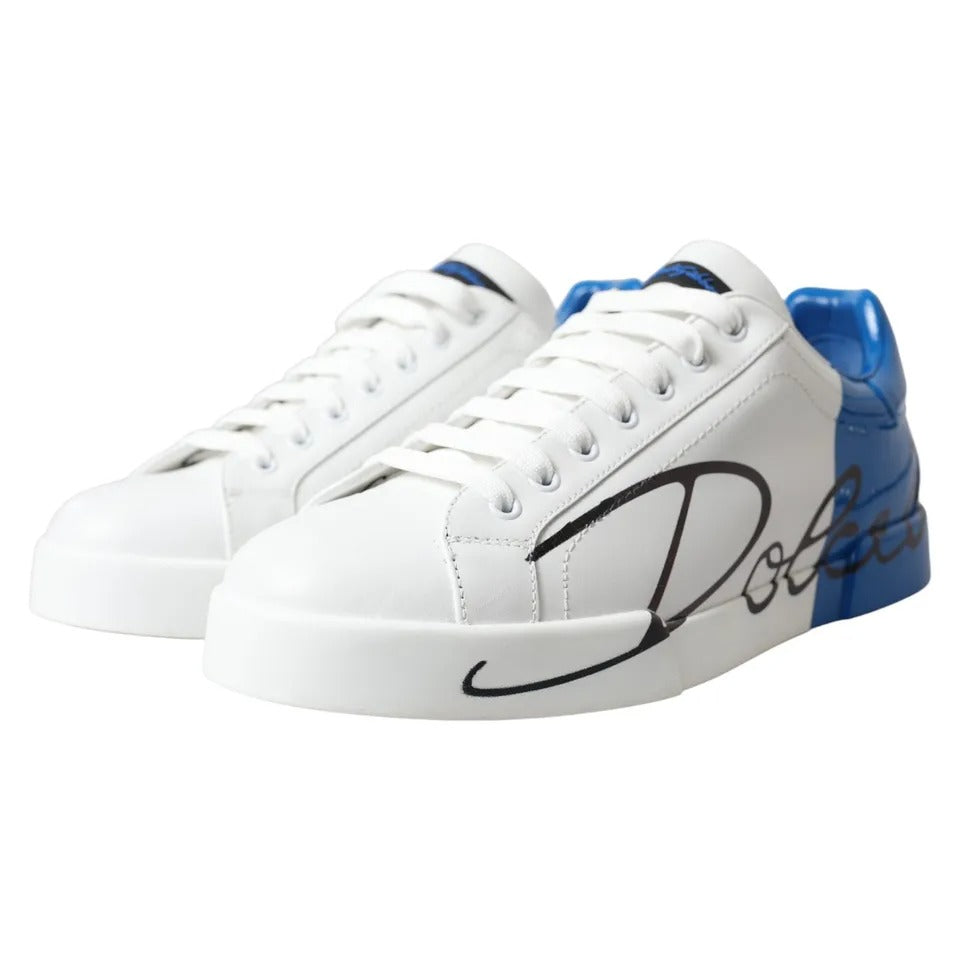 Dolce & Gabbana Weiß Blau Leder Logo Low Top Sneakers Schuhe