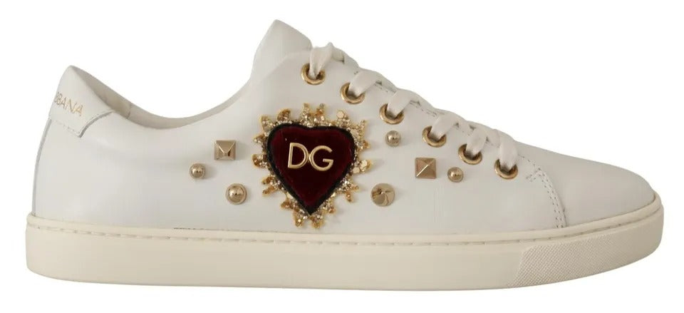 Dolce &amp; Gabbana White Leather Gold Red Heart Sneakers Shoes