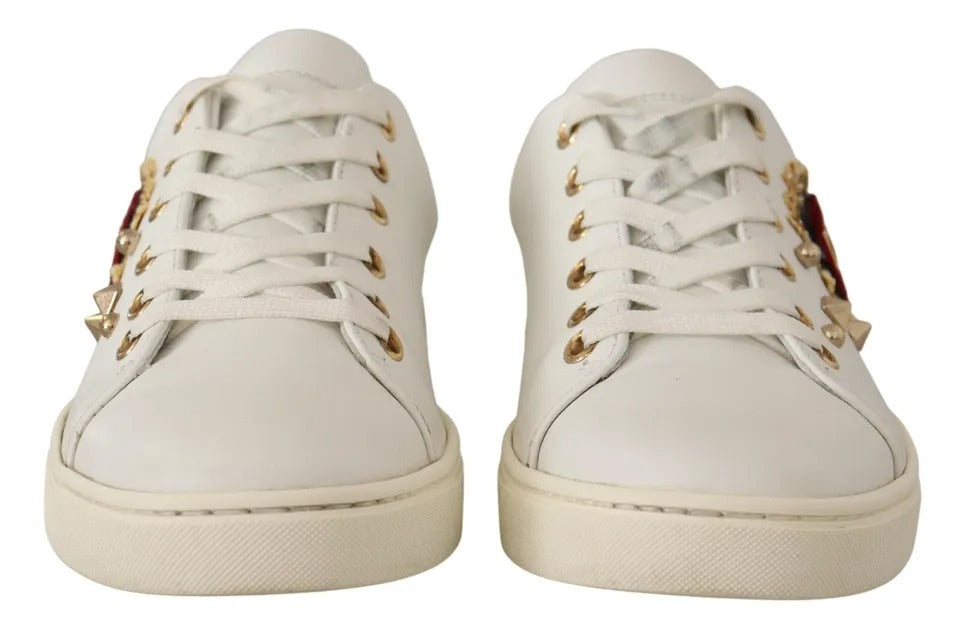 Dolce &amp; Gabbana White Leather Gold Red Heart Sneakers Shoes