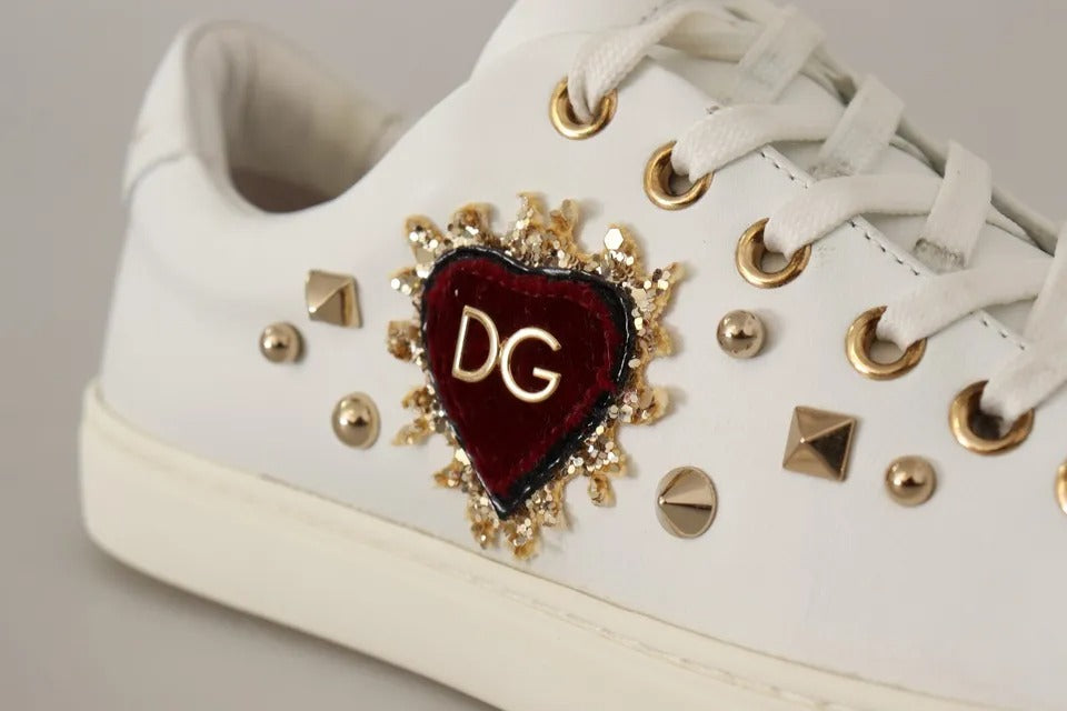 Dolce &amp; Gabbana White Leather Gold Red Heart Sneakers Shoes