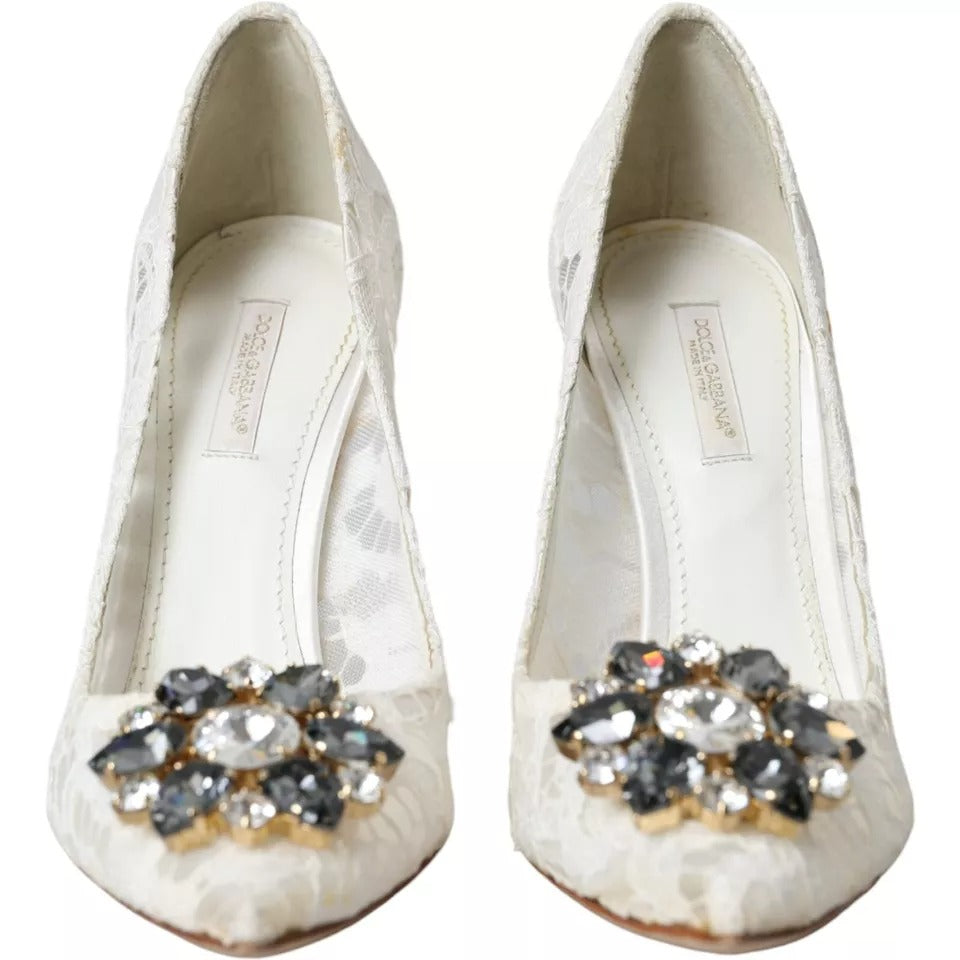 Dolce &amp; Gabbana White Taormina Lace Crystal Heel Pumps Shoes