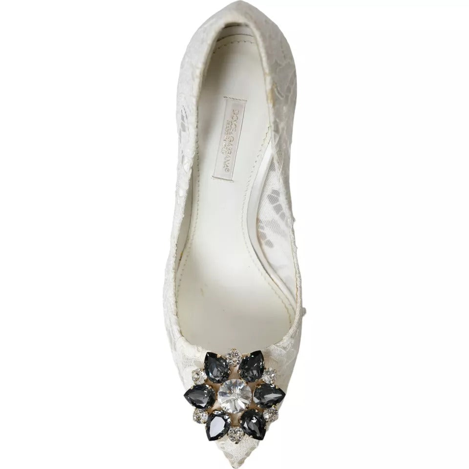 Dolce &amp; Gabbana White Taormina Lace Crystal Heel Pumps Shoes