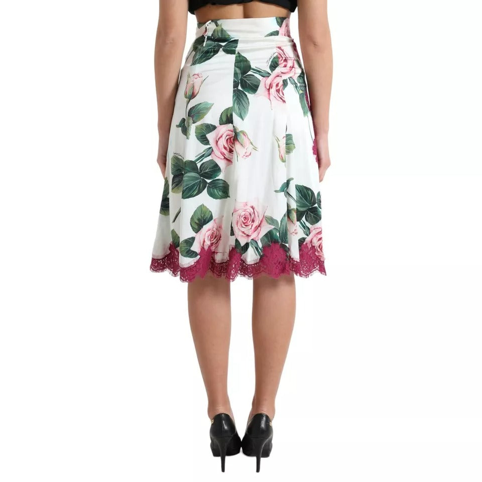 Dolce &amp; Gabbana White Rose Print High Waist A-Line Midi Skirt