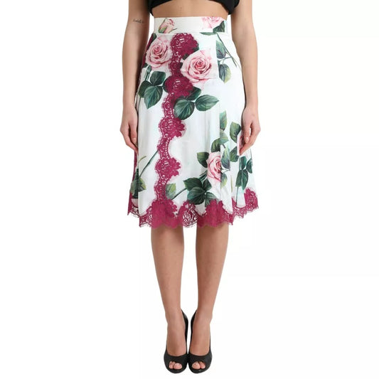 Dolce &amp; Gabbana White Rose Print High Waist A-Line Midi Skirt