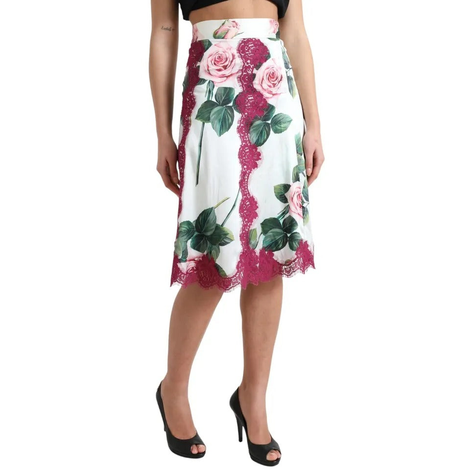 Dolce &amp; Gabbana White Rose Print High Waist A-Line Midi Skirt