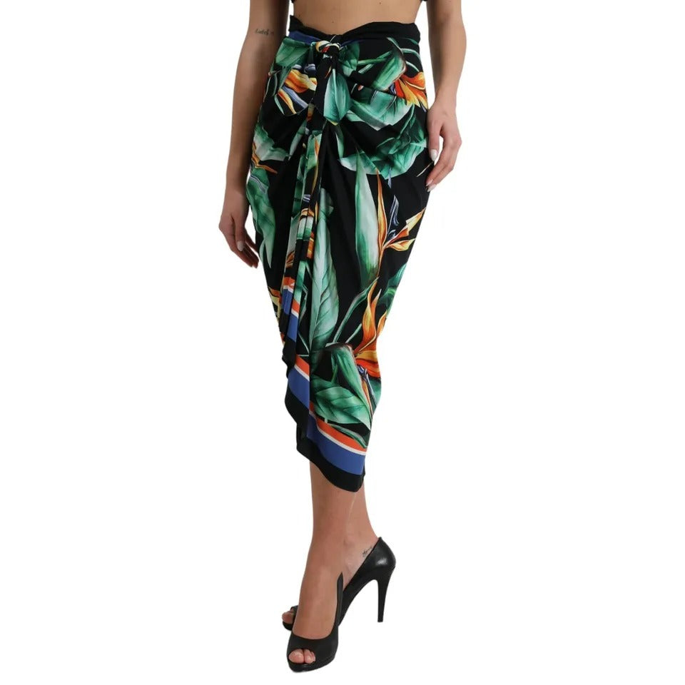 Dolce &amp; Gabbana Black Strelitzia High Waist Wrap Midi Skirt