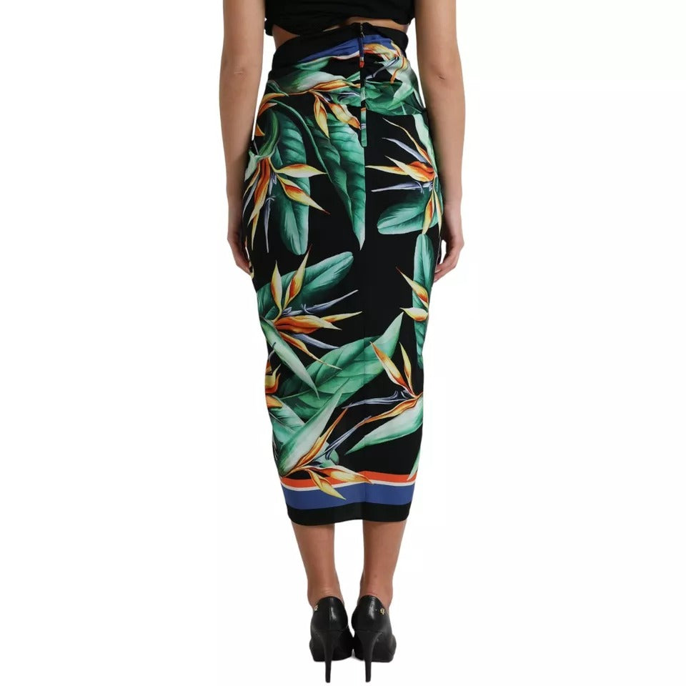 Dolce &amp; Gabbana Black Strelitzia High Waist Wrap Midi Skirt