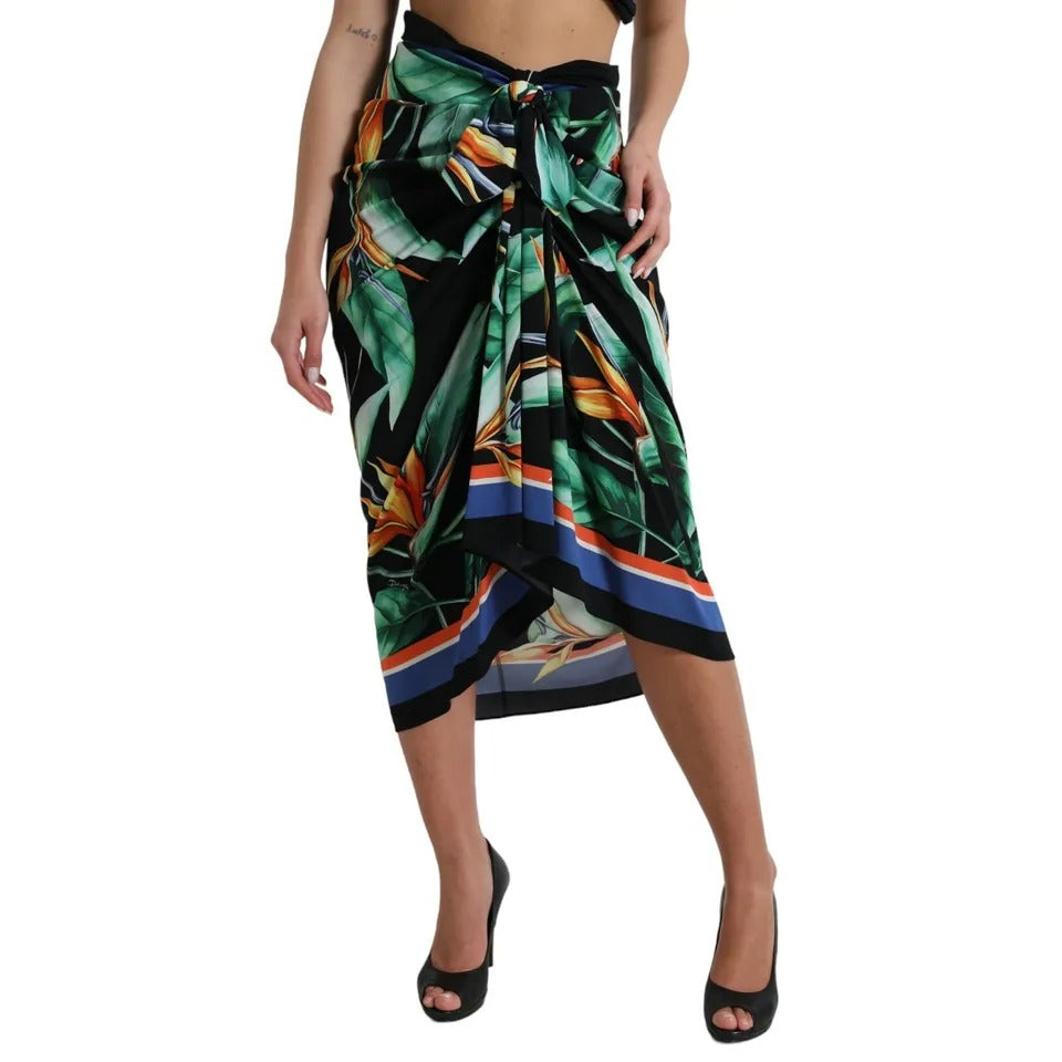 Dolce &amp; Gabbana Black Strelitzia High Waist Wrap Midi Skirt