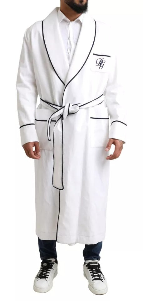 Dolce &amp; Gabbana white linen belted robe DG Logo Sleepwear