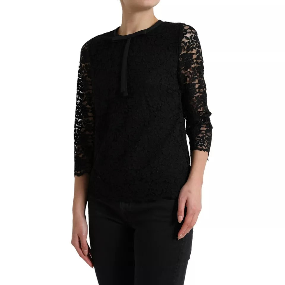 Dolce &amp; Gabbana Black Blouse with Floral Lace T-shirt Staff Top