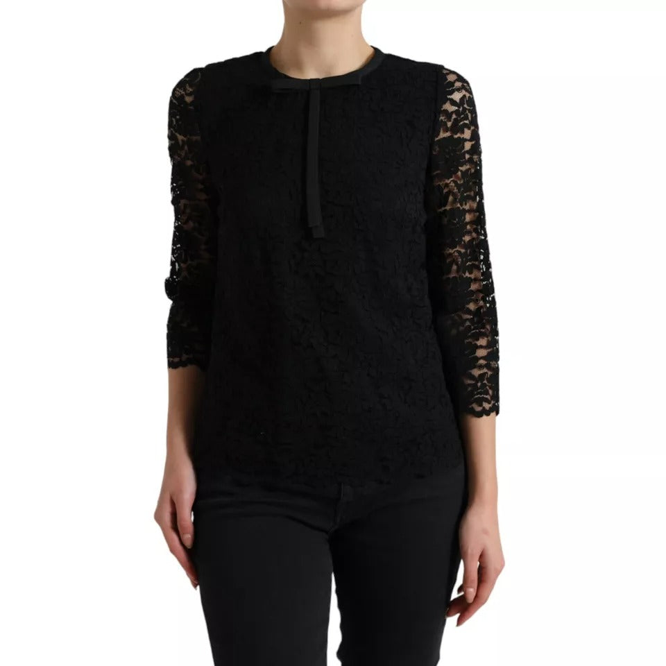 Dolce &amp; Gabbana Black Blouse with Floral Lace T-shirt Staff Top