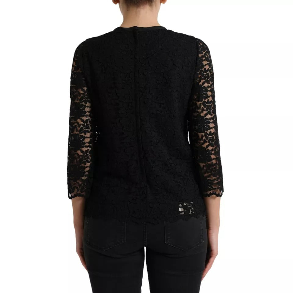 Dolce &amp; Gabbana Black Blouse with Floral Lace T-shirt Staff Top