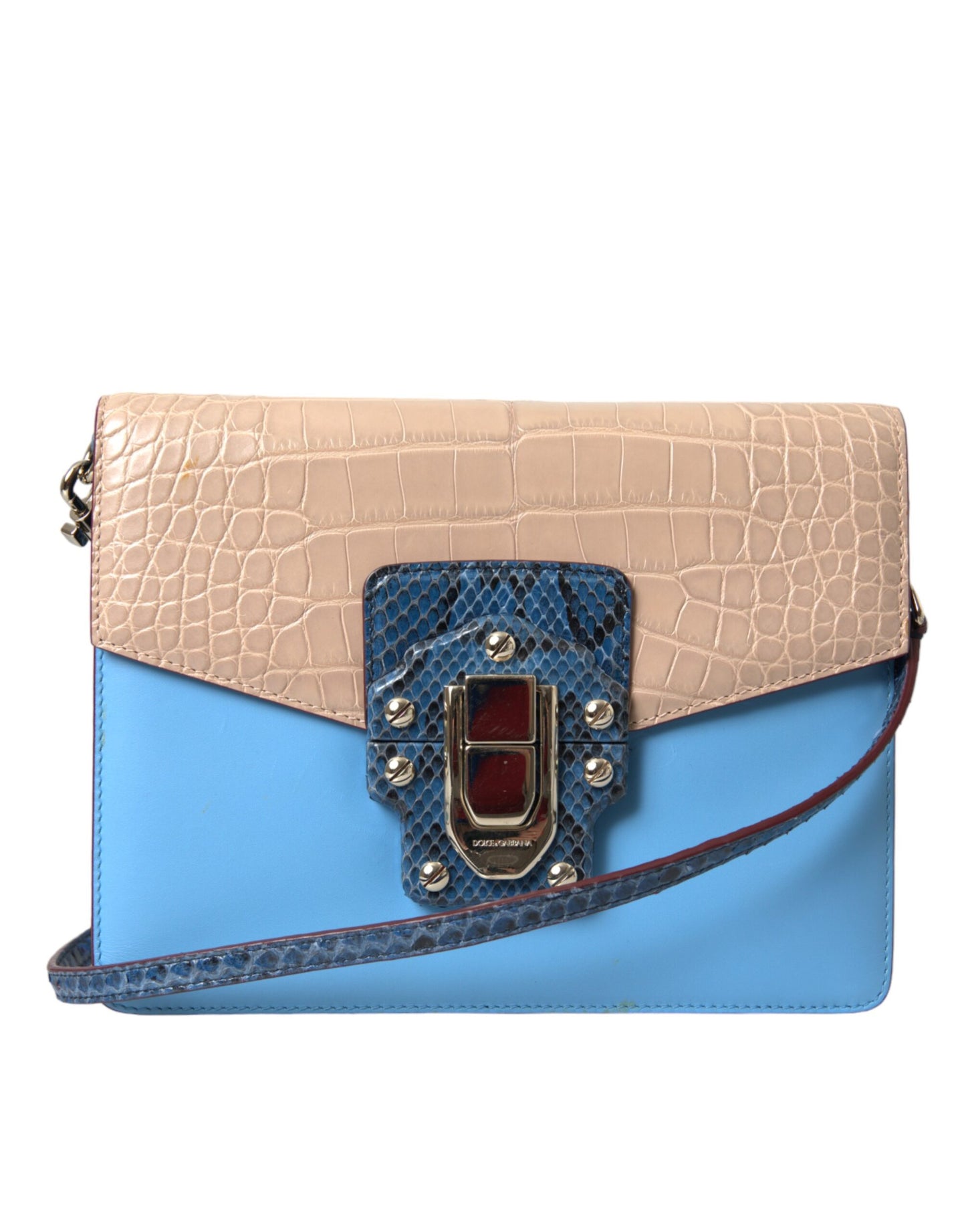 Dolce &amp; Gabbana Blue Beige Exotic Leather LUCIA Crossbody Purse Bag