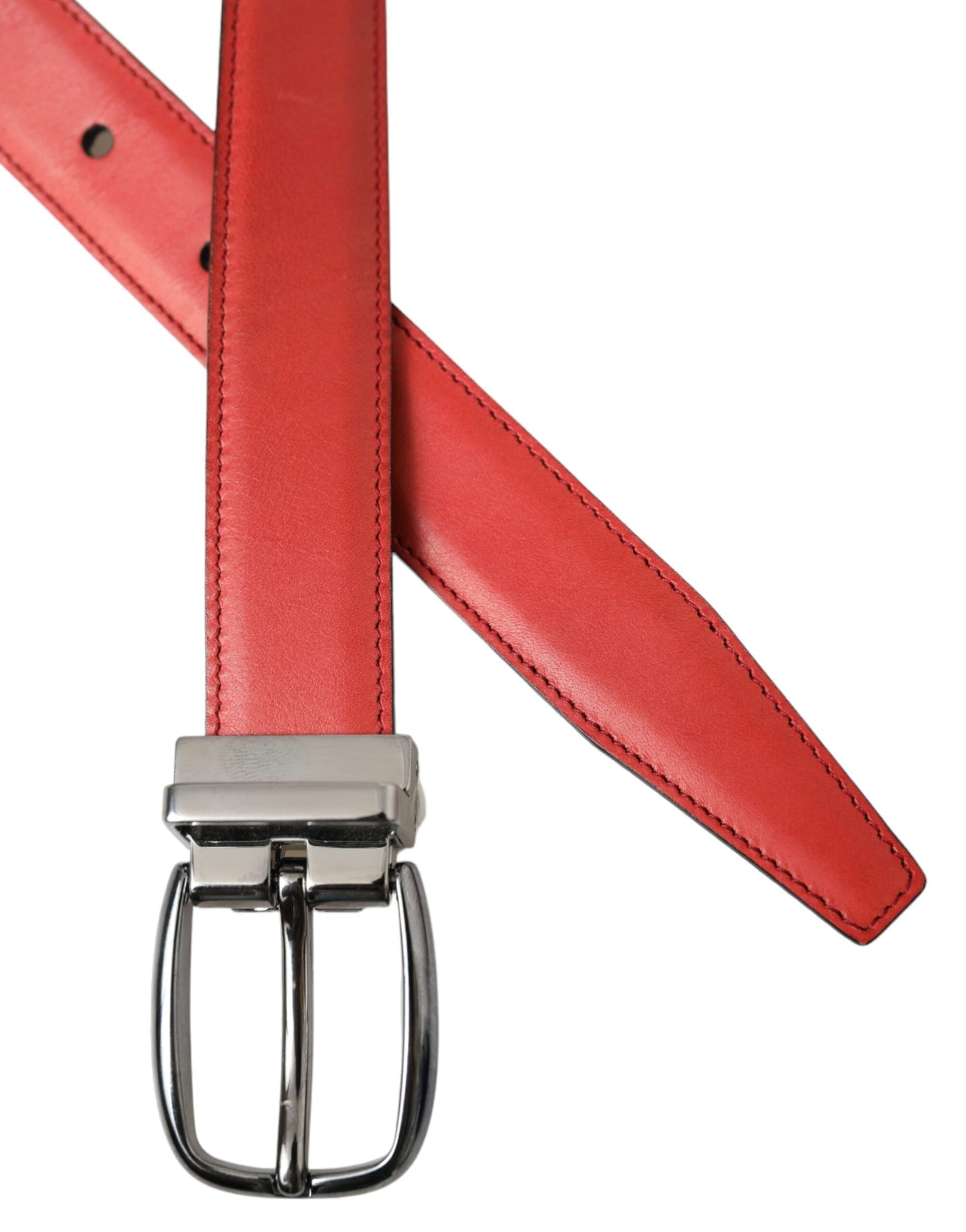 Dolce &amp; Gabbana Red Leather Silver Metal Buckle Belt Men