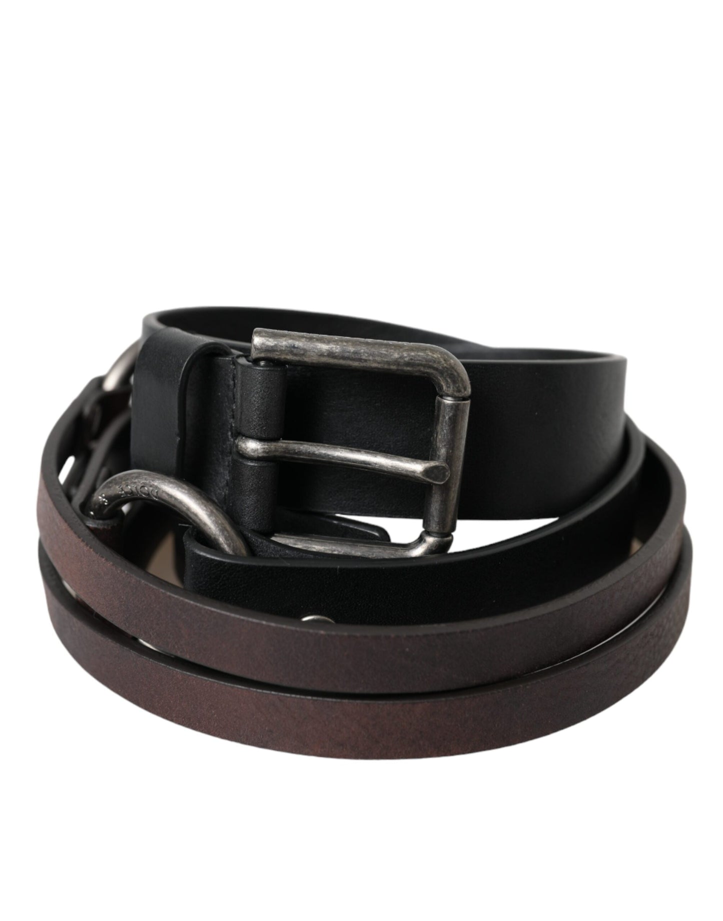 Dolce &amp; Gabbana Black Brown Leather Silver Metal Buckle Belt