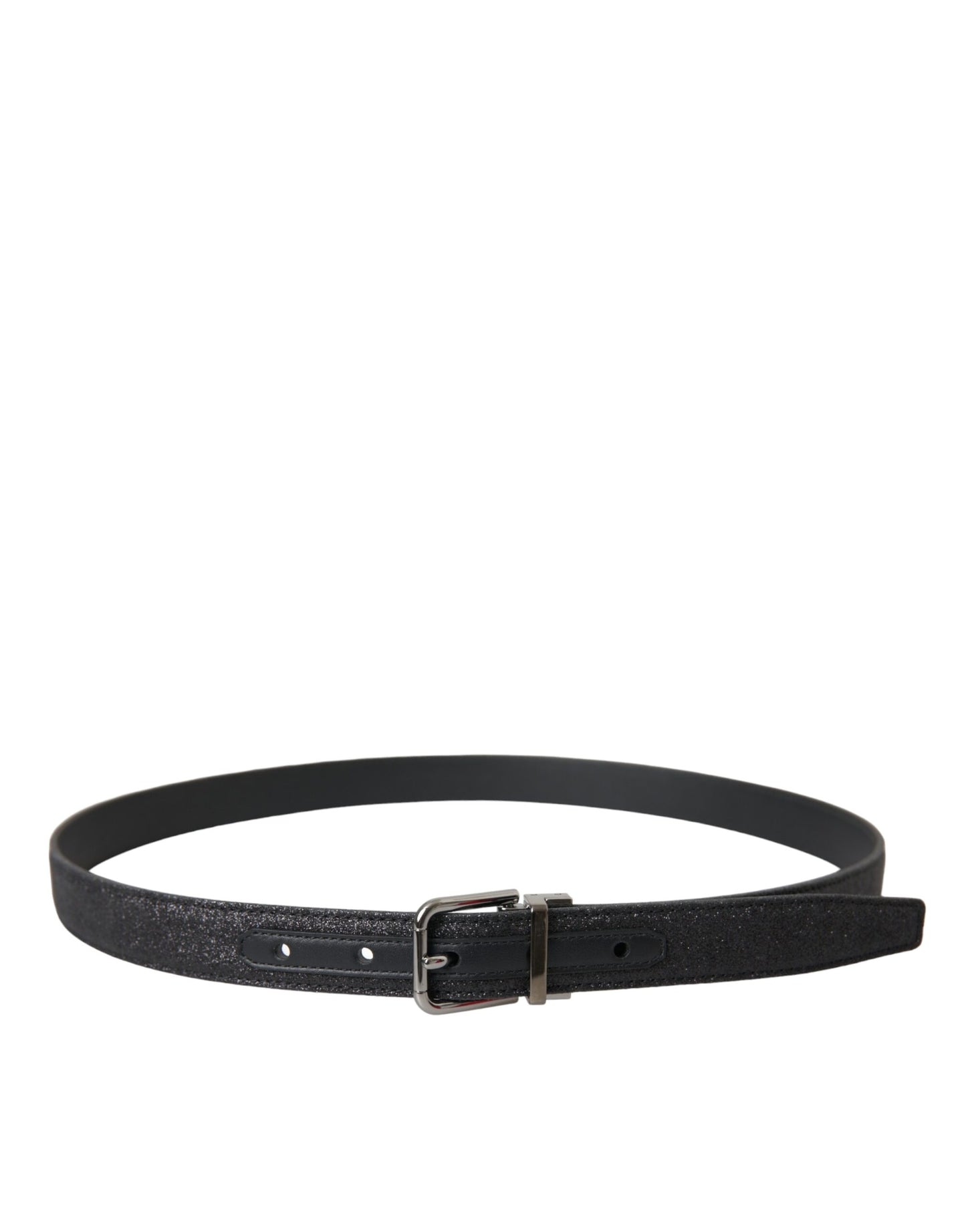 Dolce &amp; Gabbana Black Glitter Leather Belt with Silver Buckle