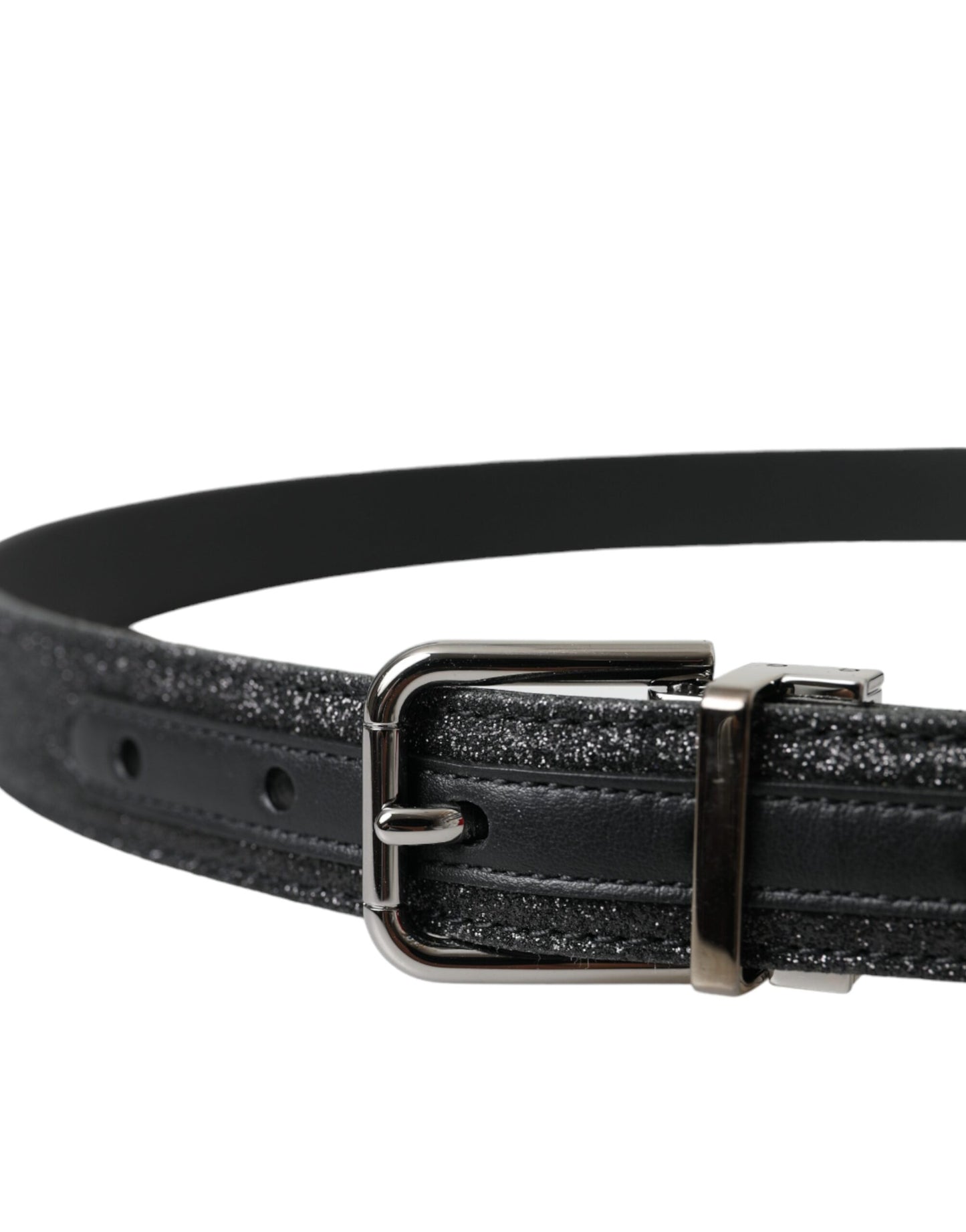 Dolce &amp; Gabbana Black Glitter Leather Belt with Silver Buckle