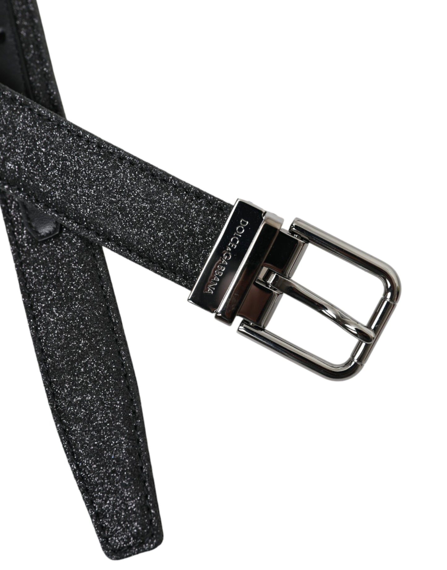 Dolce &amp; Gabbana Black Glitter Leather Belt with Silver Buckle