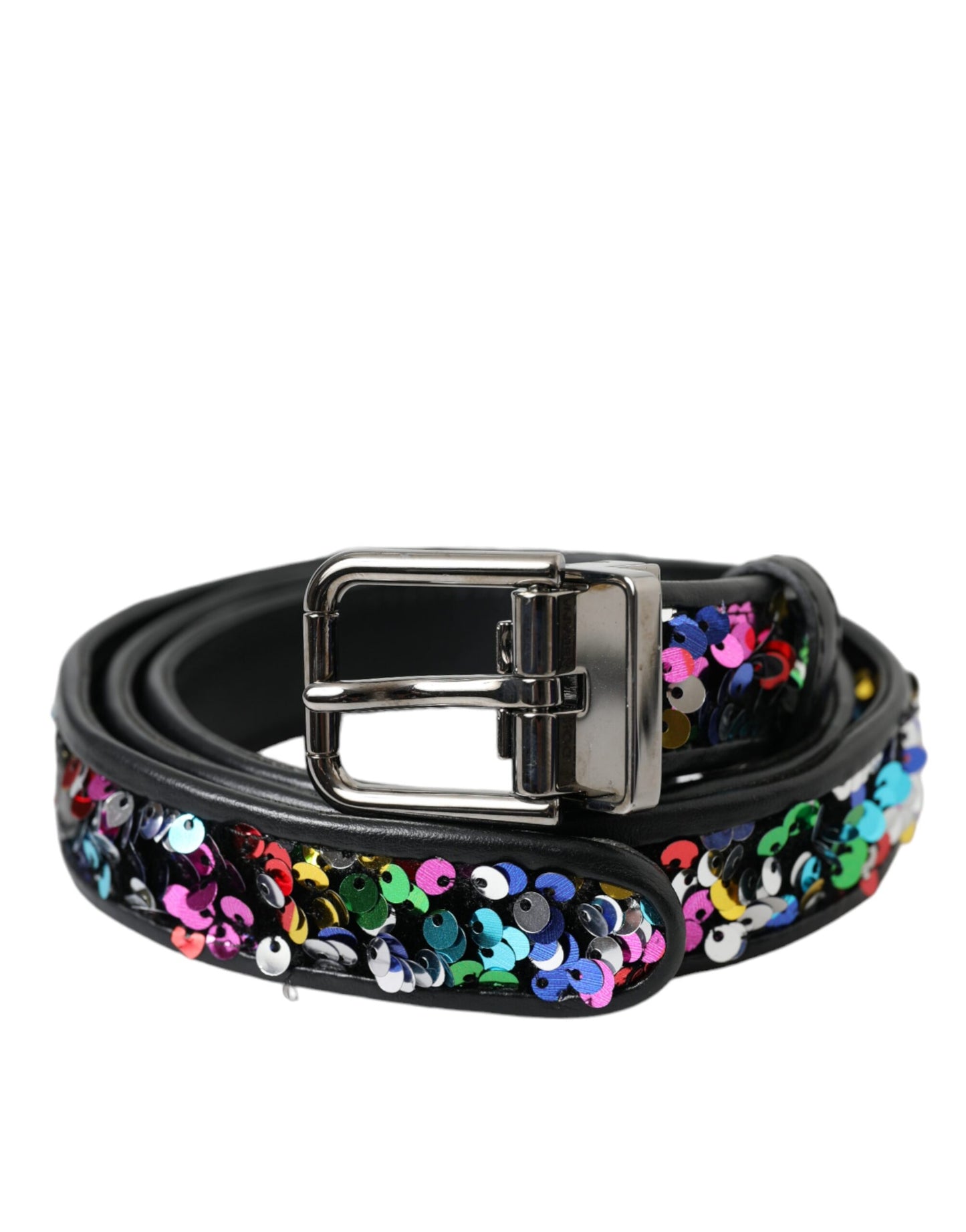 Dolce &amp; Gabbana Black Sequin Belt with Silver Metal Buckle for Women