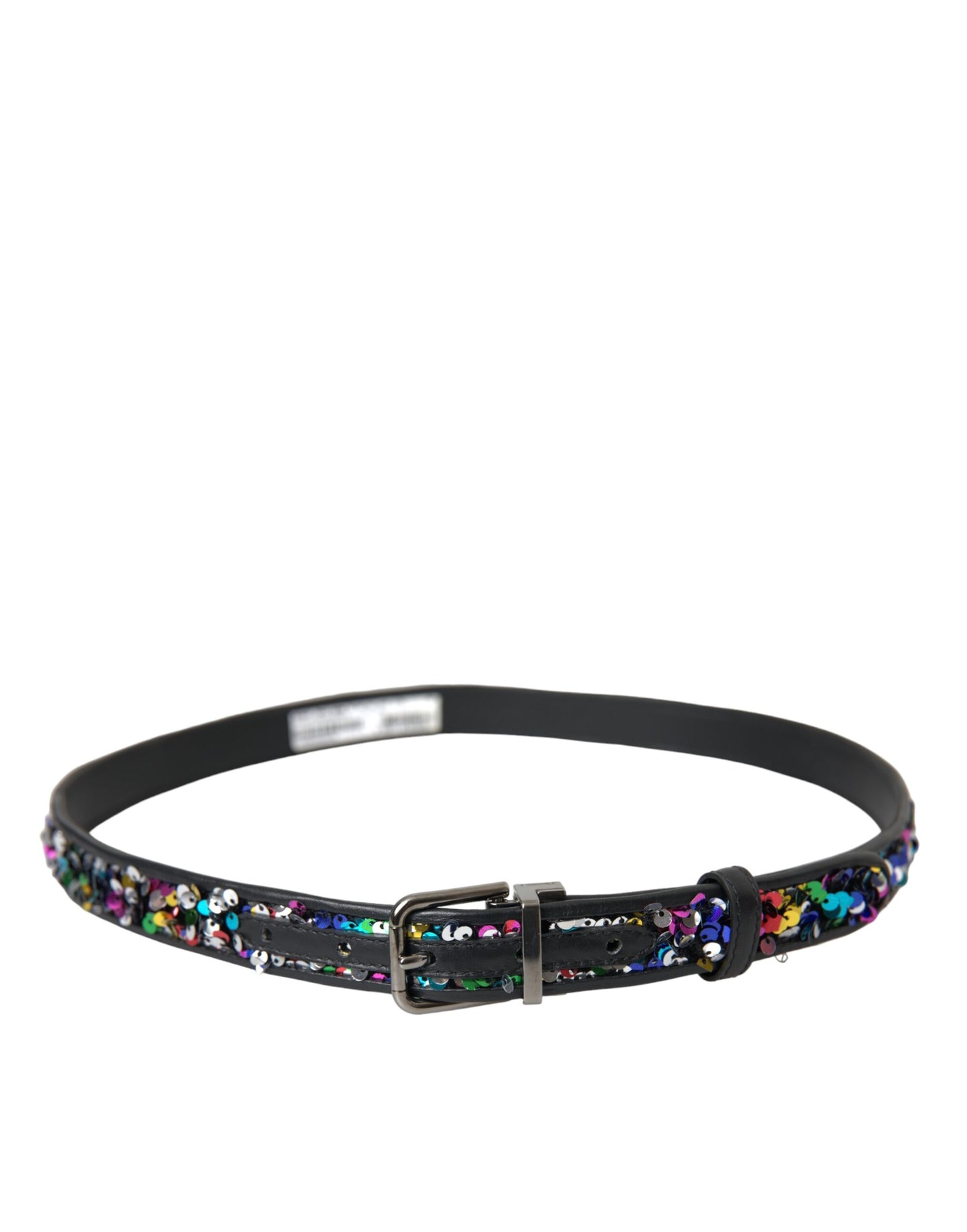 Dolce &amp; Gabbana Black Sequin Belt with Silver Metal Buckle for Women