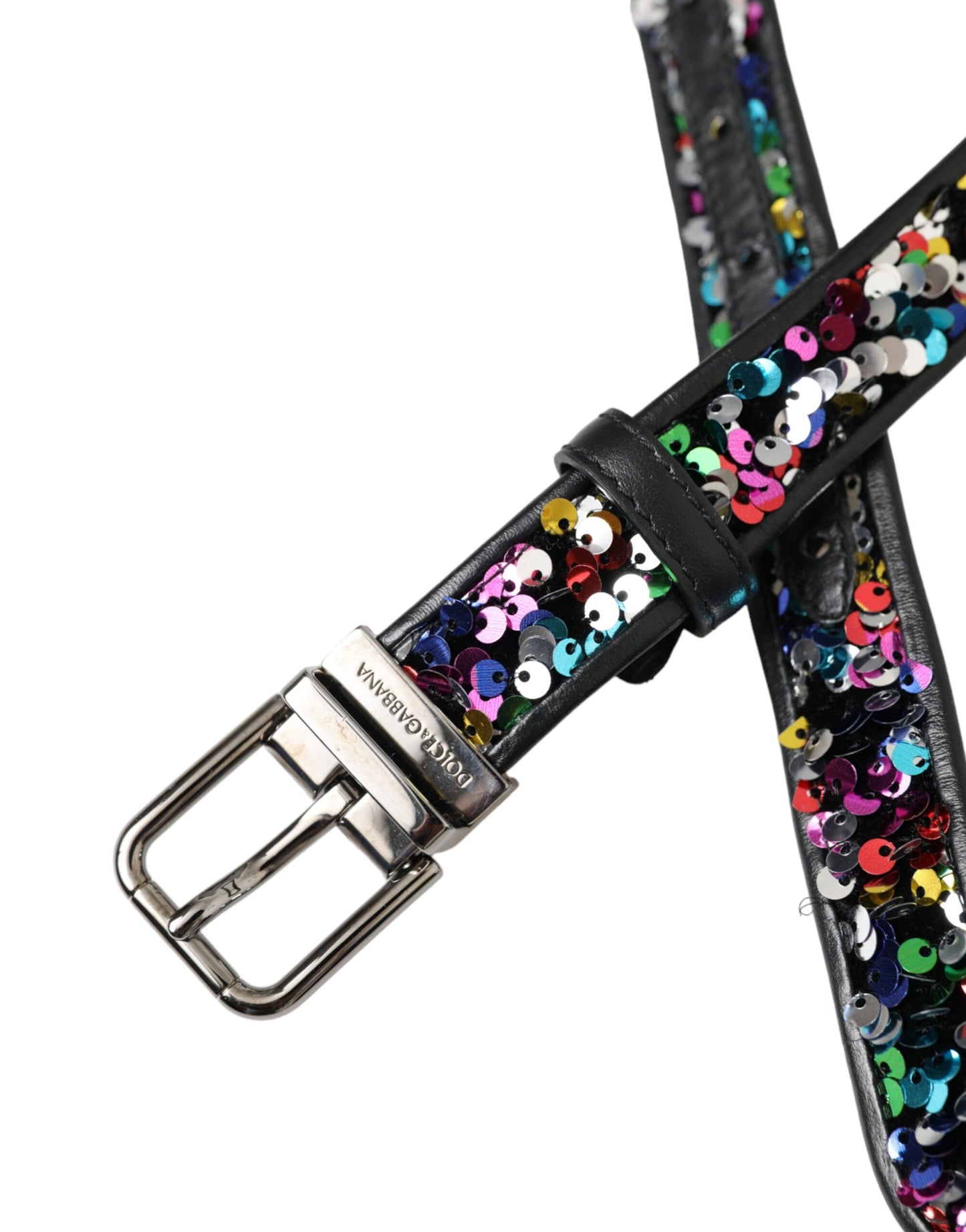 Dolce &amp; Gabbana Black Sequin Belt with Silver Metal Buckle for Women