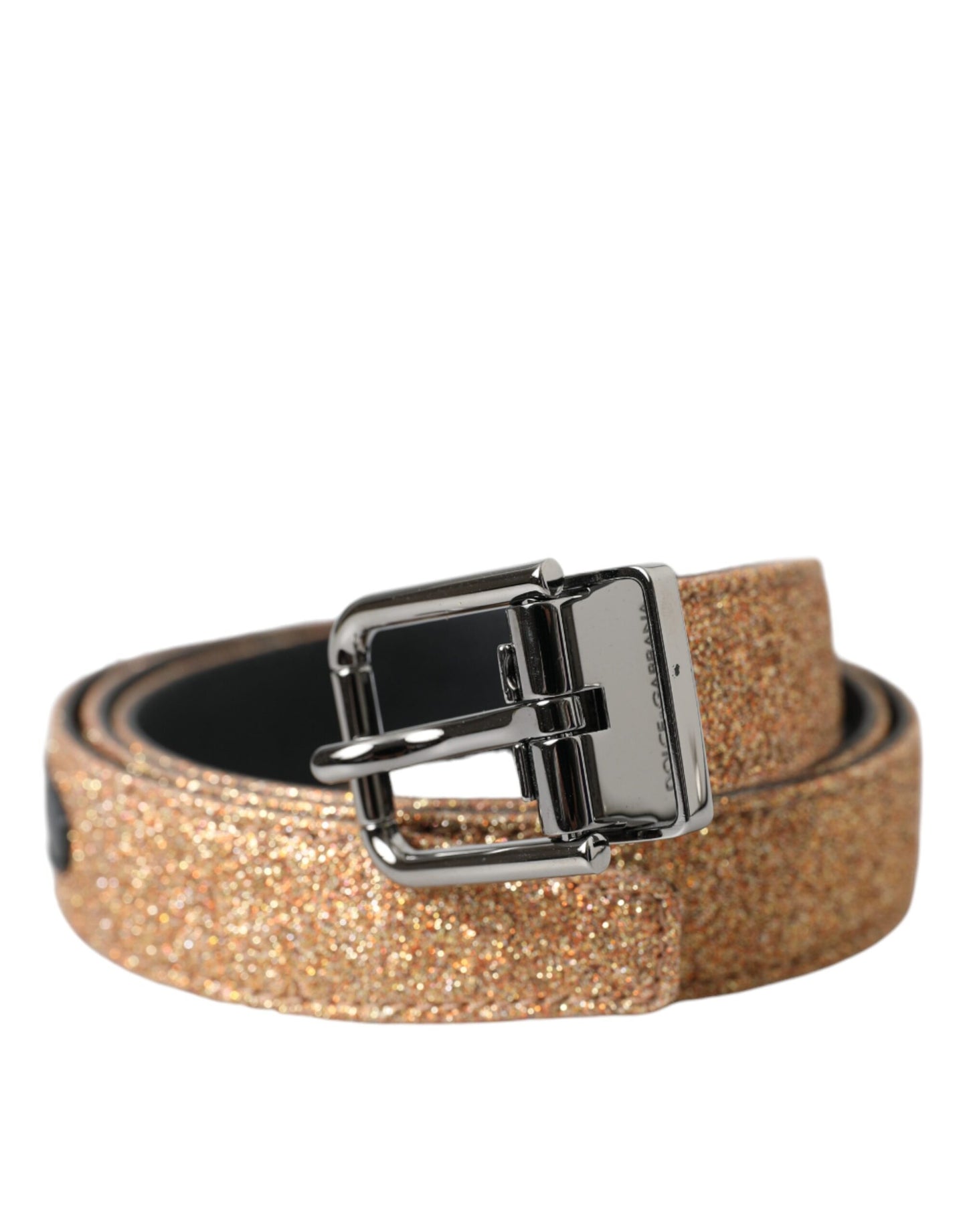 Dolce &amp; Gabbana Gold Glitter Leather Silver Metal Buckle Belt