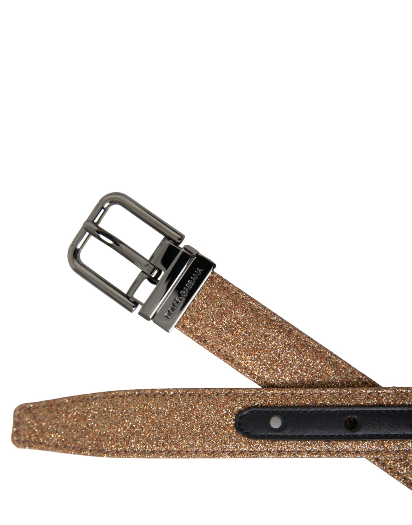 Dolce &amp; Gabbana Gold Glitter Leather Silver Metal Buckle Belt