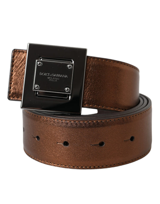 Dolce &amp; Gabbana Metallic Bronze Leather Square Metal Buckle Belt