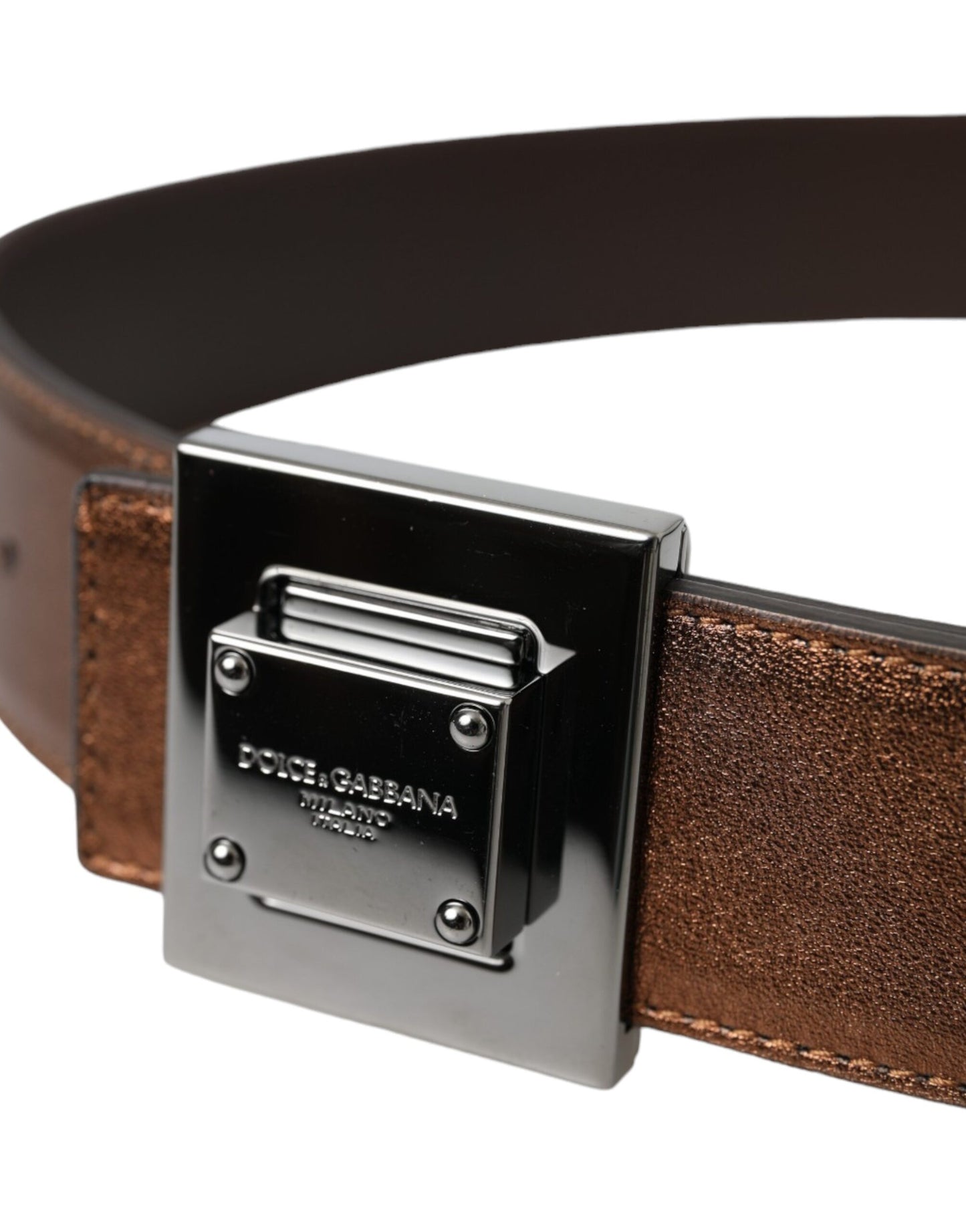 Dolce &amp; Gabbana Metallic Bronze Leather Square Metal Buckle Belt