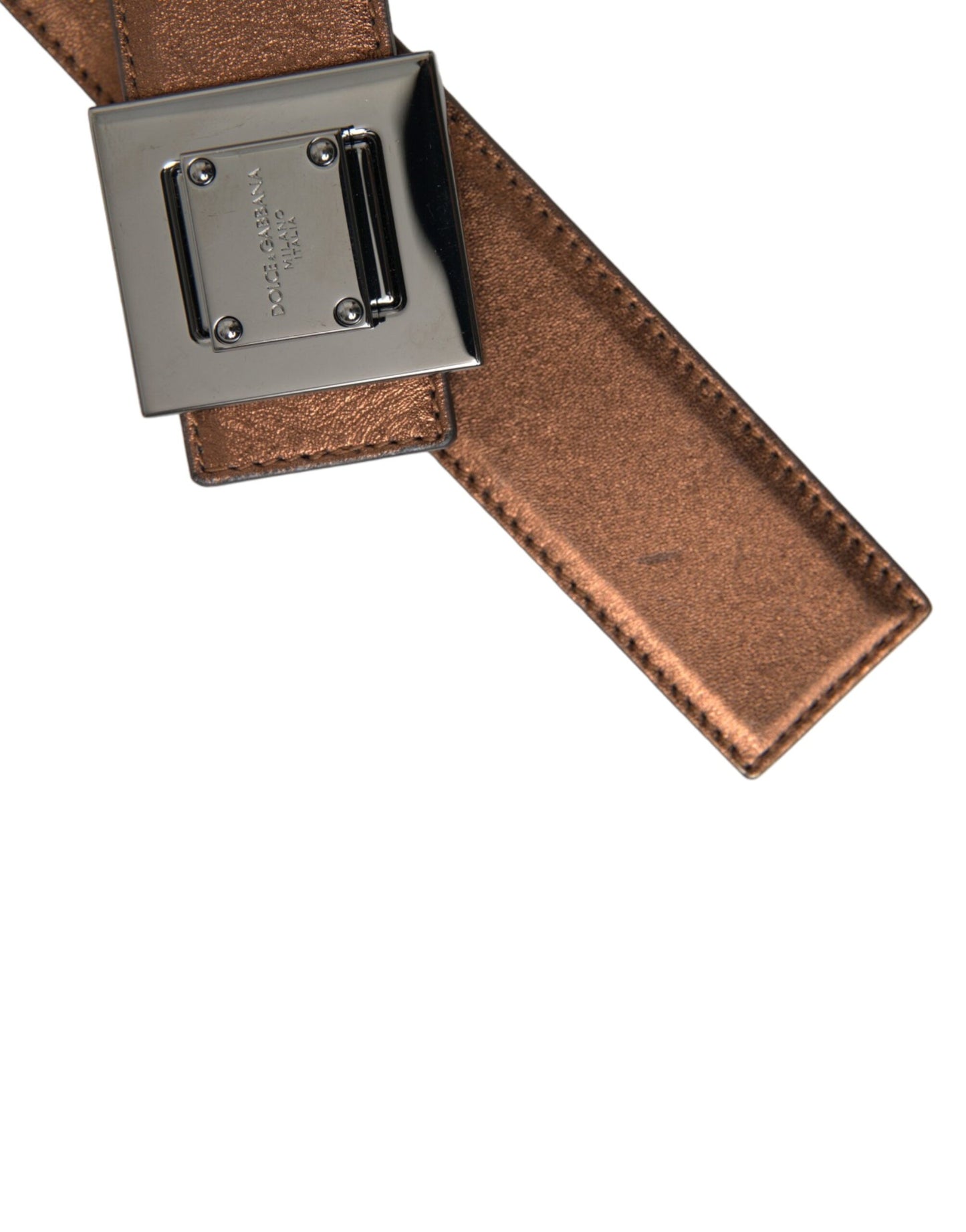 Dolce &amp; Gabbana Metallic Bronze Leather Square Metal Buckle Belt